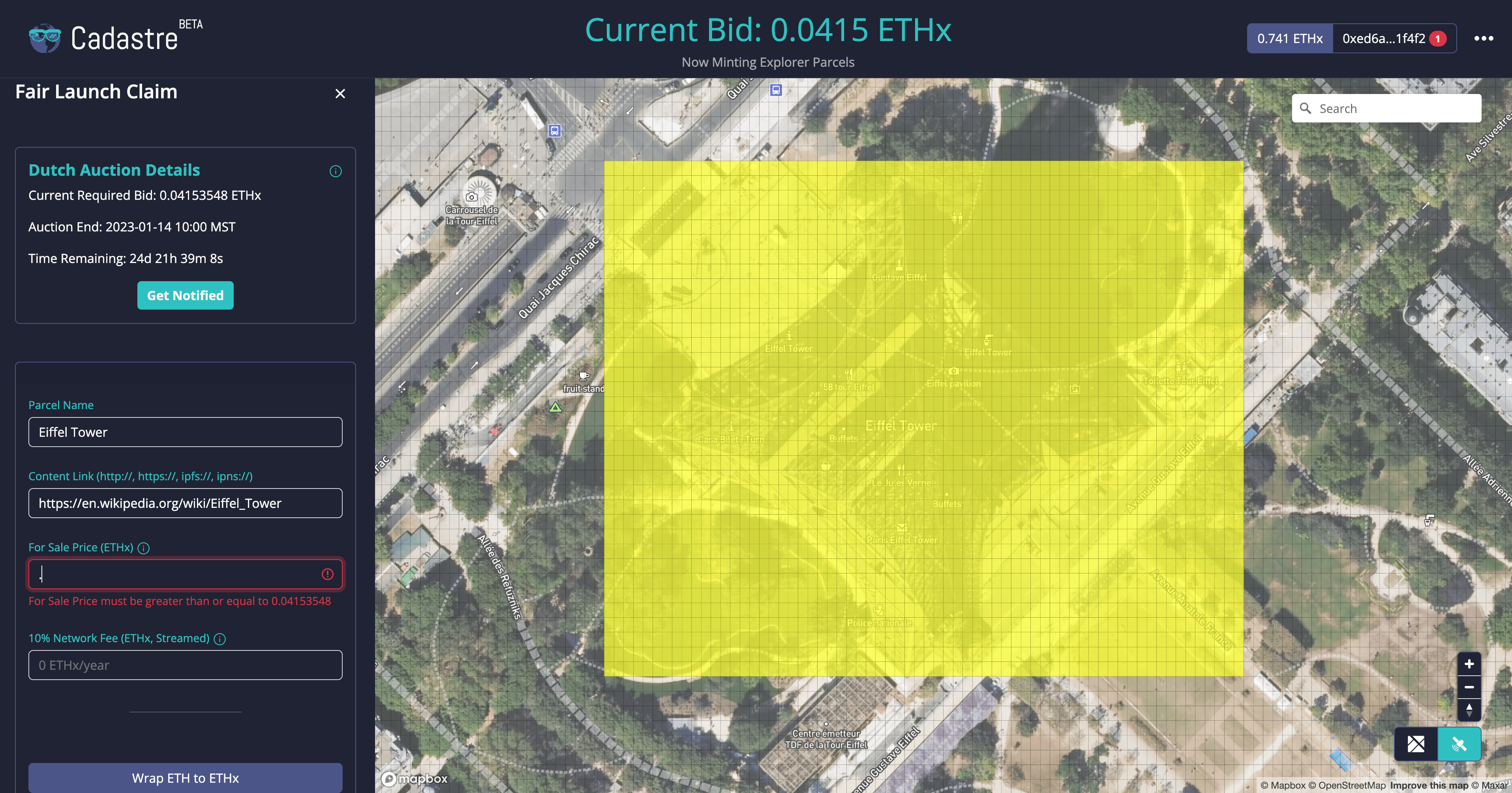 Entering the For Sale Price during a fair launch claim on the Geo Web--the value entered must be greater than the current auction bid.