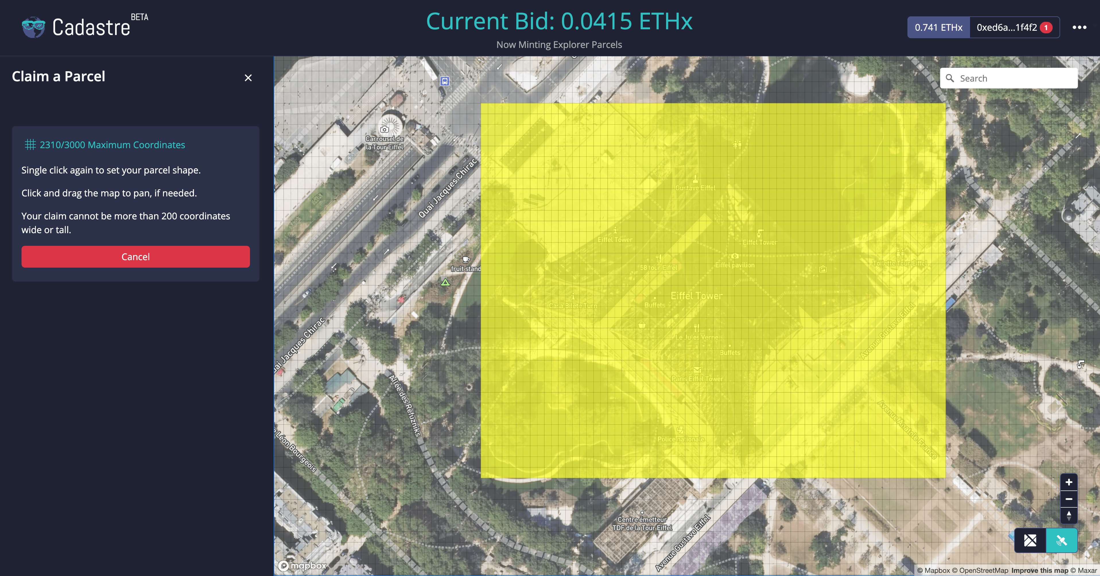 A view of a user-defined parcel shape for a claim at the Eiffel tower.