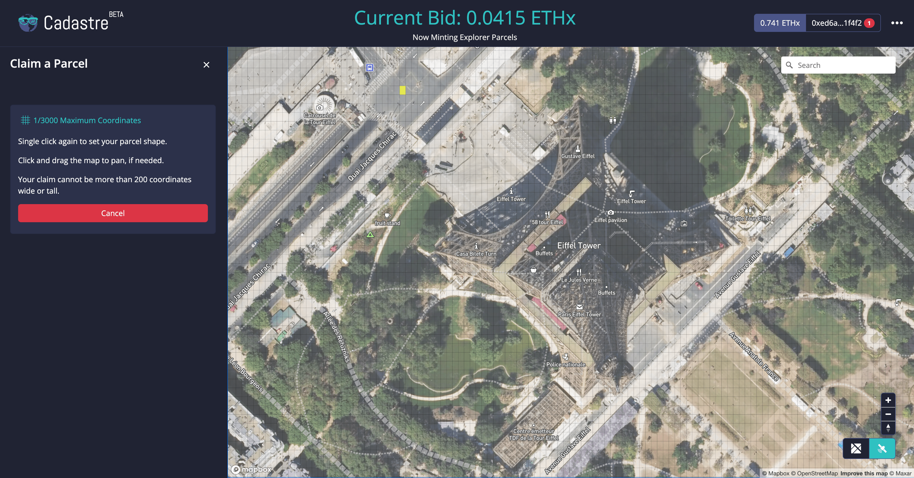 View of the start of a parcel claim on the Geo Web near the Eiffel tower.
